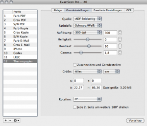 Scanprofil Thermopapier Register Grundeinstellungen