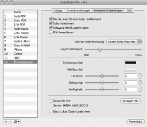 Scanprofil Thermopapier Register Erweiterte Einstellungen