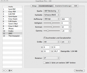 Scanprofil LREC Register Grundeinstellungen